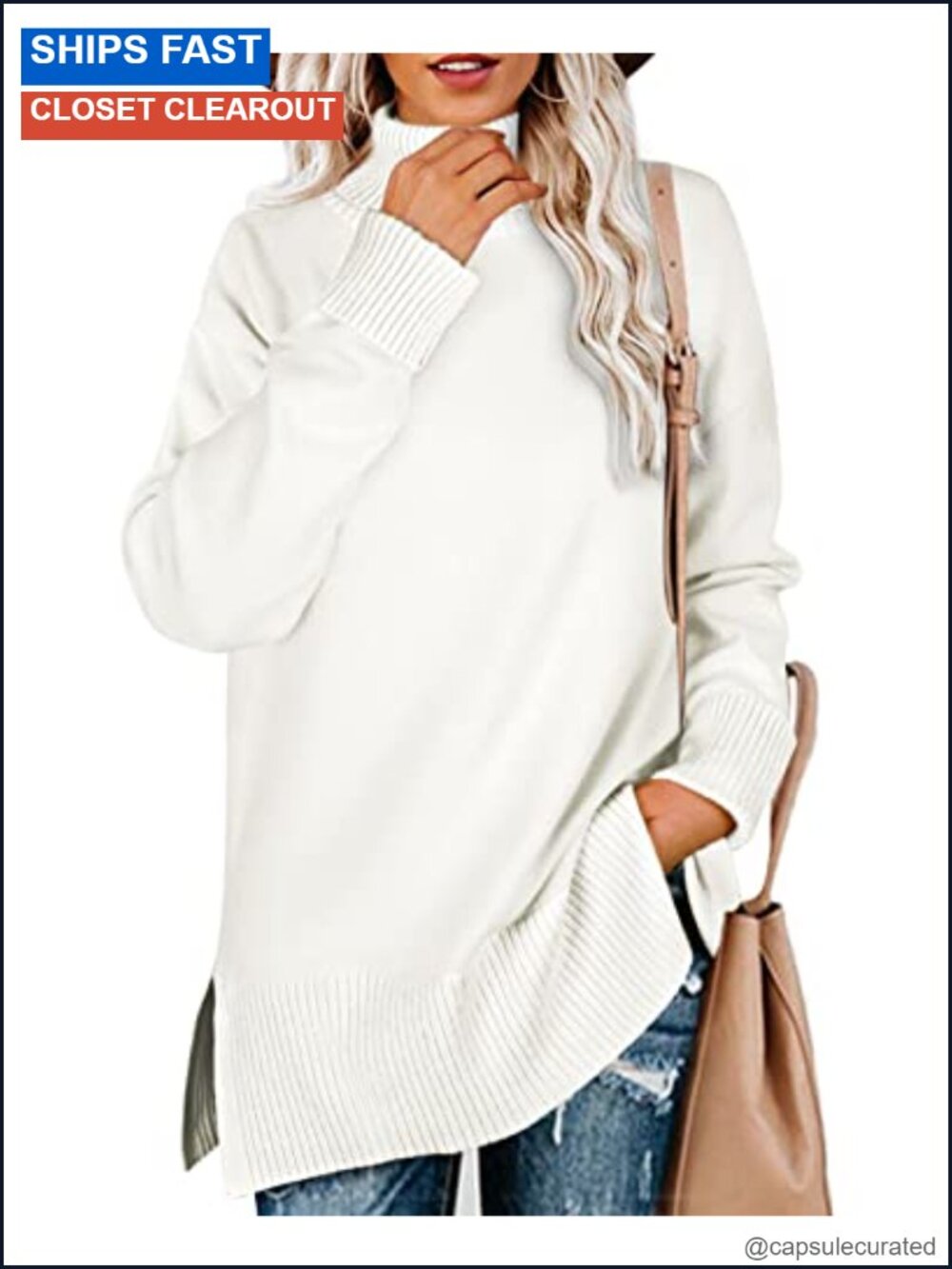 Women's Turtleneck Side Split Oversized Pullover Sweater Tunic
